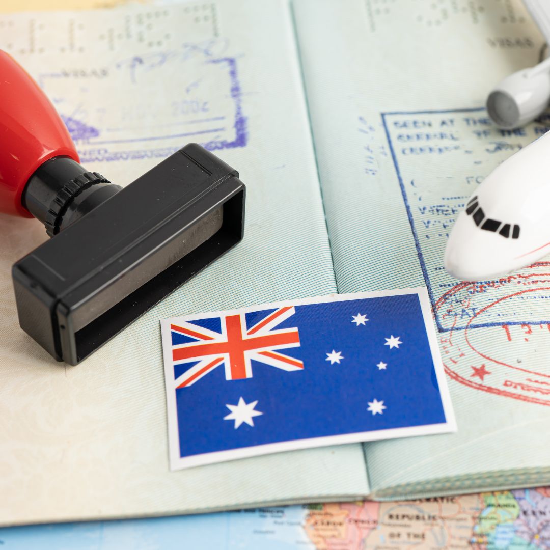 Approved Stamp visa and passport with Australia flag document to